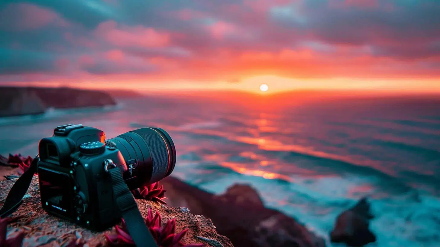 Câmera profissional capturando pôr do sol na costa, antes de inspecionar imagens de viagens e natureza.