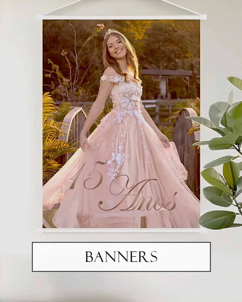 1. Banner de festa com menina de vestido de casamento e decoração elegante.