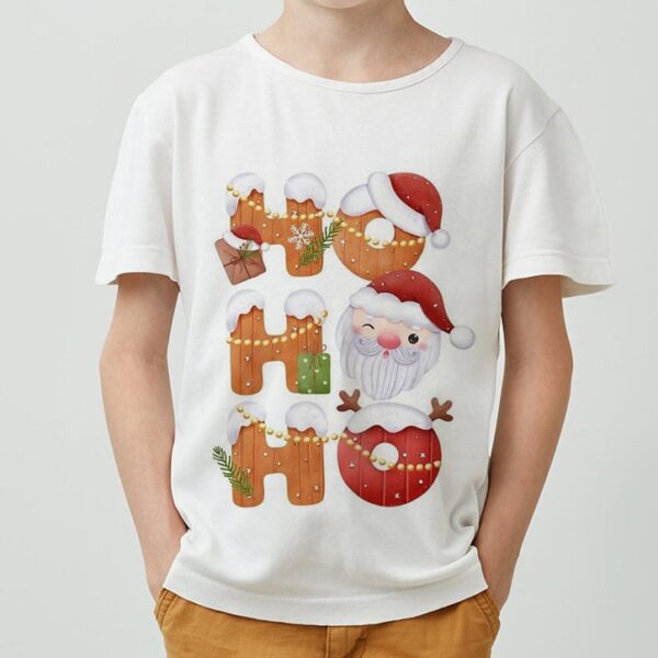 Feliz Natal cadeado com fantasia de Papai Noel em camiseta branca.