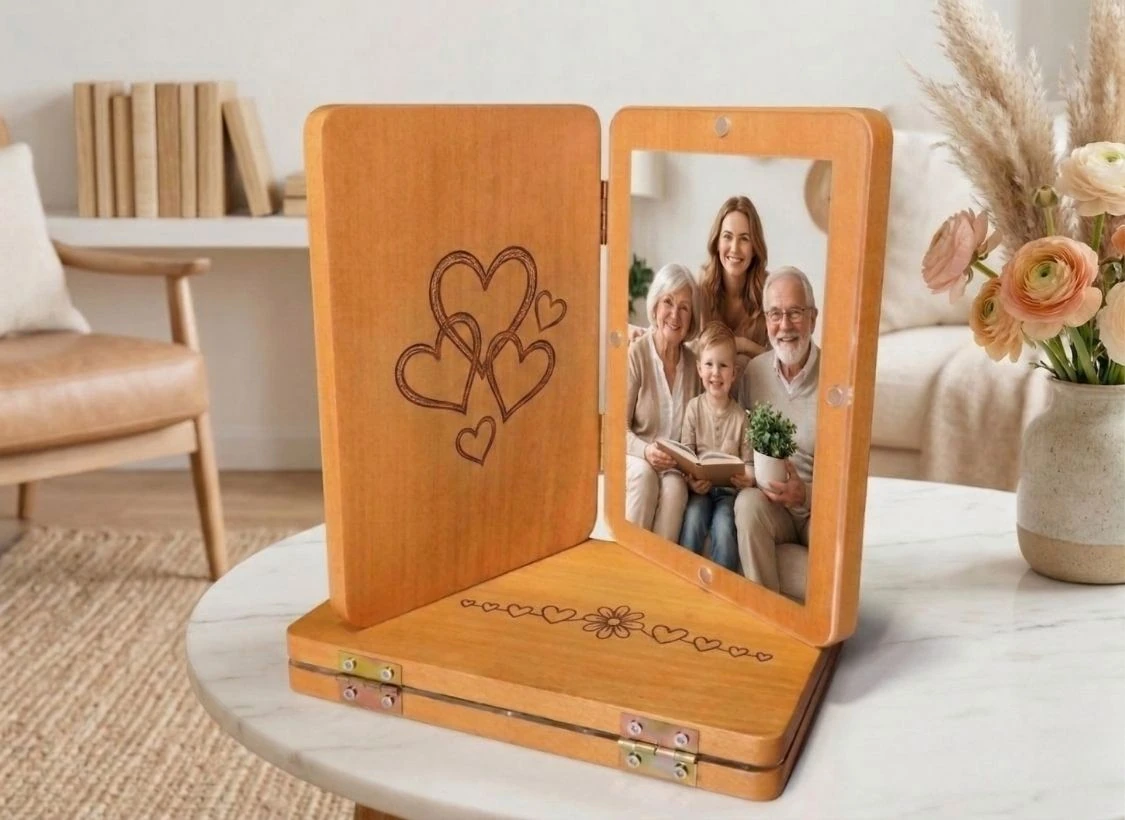 Árvore de fotos de madeira personalizada com espaço para fotos e decoração de corações.