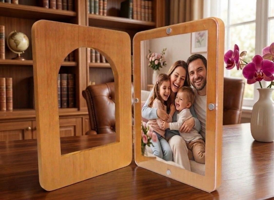 Câmbio de fotos personalizado com moldura de madeira para recordações especiais.