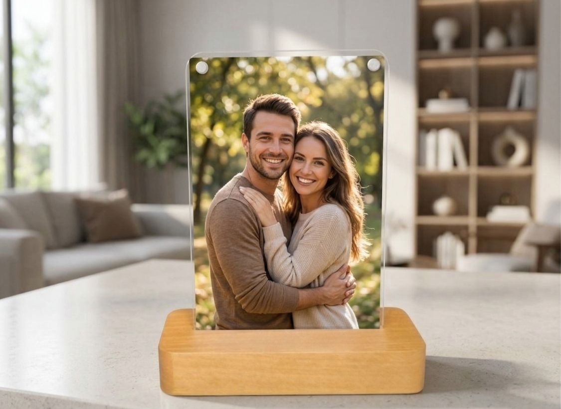 Câmera digital com moldura de vidro e base de madeira, ideal para decoração e fotos personalizadas.