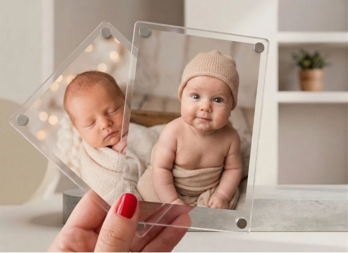 Câmera de vidro com fotos de bebê, lembrança especial e decorativa.